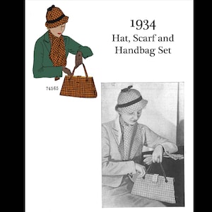 以下が含まれることがあります： 1934年の帽子、スカーフ、ハンドバッグのセットのイラスト。セットには、チェック柄の帽子、スカーフ、ハンドバッグが含まれています。画像には、セットを身に着けている人も写っています。「1934 Hat, Scarf and Handbag Set」というテキストが表示されています。
