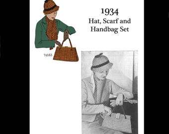 Molde de costura para chapéu, cachecol e bolsa de viagem Art Déco dos anos 1930 (download instantâneo em PDF)