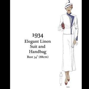 May include: Illustration of a 1934 elegant linen suit and handbag. The white suit features navy blue accents on the collar, sleeves, and belt. The bust size is 34 inches (88cm). The image includes a matching hat and gloves.