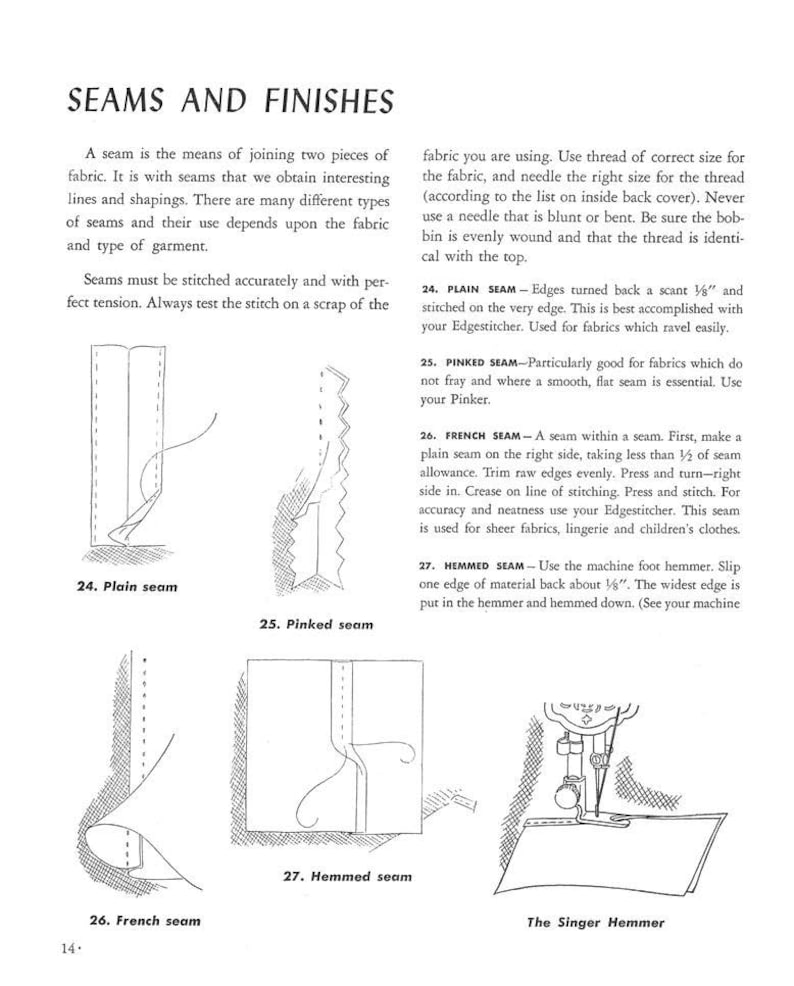 Pu&ograve; includere: Illustrazione da una guida di cucito intitolata "Seams and Finishes". L'immagine mostra diagrammi di diversi tipi di cuciture, tra cui cuciture semplici, smerlate, francesi e orlate. Il testo fornisce istruzioni.