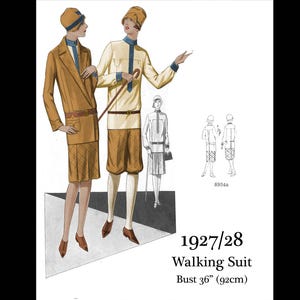 May include: An illustration of two figures in 1927/28 Walking Suits. The figure on the left wears a tan suit with a skirt, matching hat, and brown shoes. The figure on the right wears a cream-colored shirt, brown shorts, and a matching hat. The bust size is 36 inches (92cm).