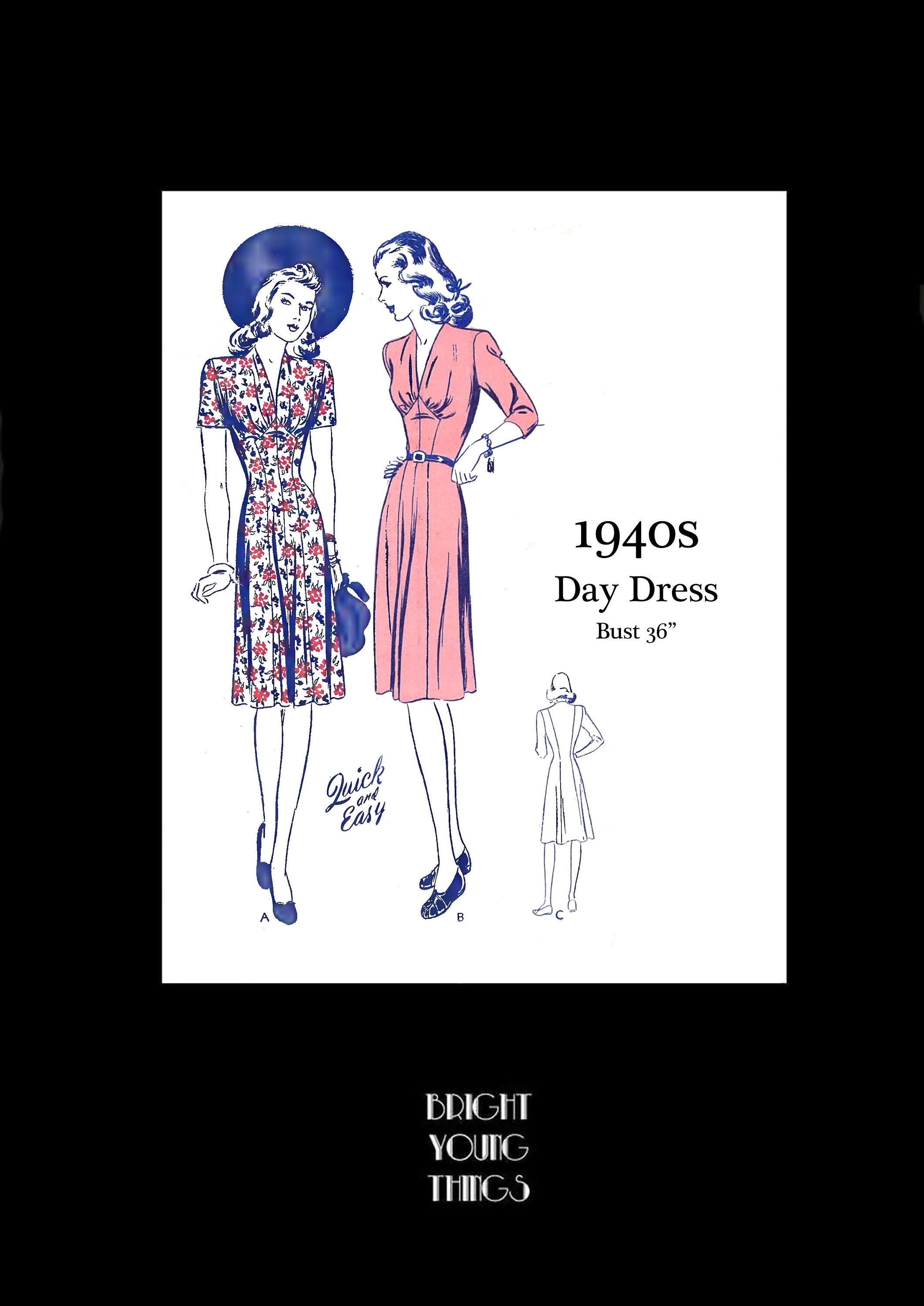 1940s 40s Reproduction Vintage Sewing Pattern Butterick 2656 Elegant Esy to Make Day Dress Bust 36 PDF INSTANT DOWNLOAD