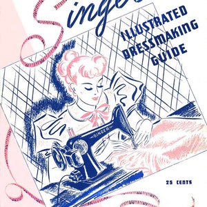 Pu&ograve; includere: Copertina vintage della Guida illustrata per la sartoria Singer. L'illustrazione mostra una donna che cuce con una macchina da cucire Singer. La copertina &egrave; rosa, blu e bianca, con un metro a nastro rosa e la scritta "Singer" in corsivo.