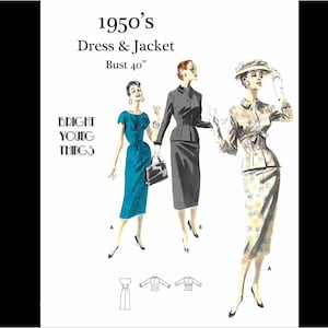 以下が含まれることがあります： バスト101.6cm用の1950年代のドレスとジャケットの型紙で、タイトルは「Bright Young Things」です。イラストには、ティールカラーのシースドレス、ダークグレーのスーツ、花柄のジャケットとスカートを着用した3人の人物が描かれています。