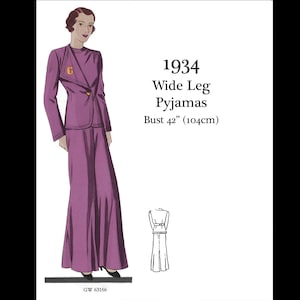 May include: Illustration of a woman in a 1934 wide-leg pajama suit. The suit is a shade of purple with a jacket and wide-leg pants. The bust measurement is 42 inches (104cm). The image also includes a smaller line drawing of the pajama suit.