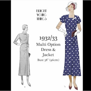 Puede incluir: Una ilustración de patrón de costura titulada Bright Young Things 1932/33 Multi Option Dress & Jacket Bust 38" (96cm). Muestra dos figuras: una con un vestido tipo abrigo gris y otra con un vestido azul de lunares blancos y un sombrero blanco.