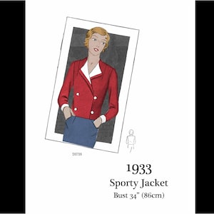 Peut inclure: Illustration d'une veste sportive de 1933. La veste rouge a des revers et des poignets blancs, avec des boutons à double boutonnage. Tour de poitrine 86 cm. Le design comprend un dessin d'une femme portant la veste et un petit croquis de la veste.