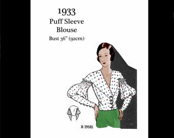 Cartamodello vintage anni '30: camicetta con maniche a sbuffo - Busto 36 (cartamodello PDF scaricabile immediatamente)