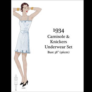 May include: Illustration of a vintage 1934 camisole and knickers underwear set. The white outfit has a scalloped hem and trim. The bust size is 38 inches (96cm). The illustration shows a woman wearing the outfit.