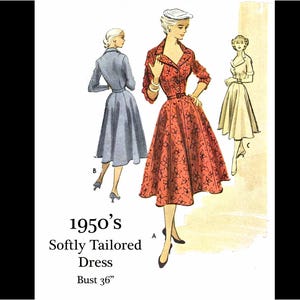 Könnte beinhalten: Vintage-Illustration eines weich geschnittenen Kleides aus den 1950er Jahren mit einem Brustumfang von 91 cm. Das Kleid hat ein Blumenmuster und eine Taille mit Gürtel. Zwei weitere Kleiderentwürfe sind ebenfalls abgebildet.