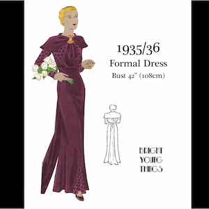 May include: A vintage-style illustration of a floor-length, deep purple formal dress with a matching capelet, featuring a circular gold clasp at the neckline. Text reads 1935/36 Formal Dress, Bust 42 inches, and Bright Young Things.