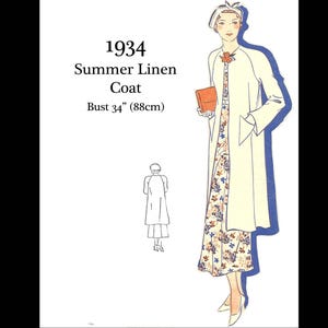 Op de afbeelding: Illustratie uit 1934 van een zomerlinnen jas, borstomvang 88cm. De vrouw draagt een lange witte jas over een bloemenjurk, met een kleine oranje clutch. De stijl is art deco.