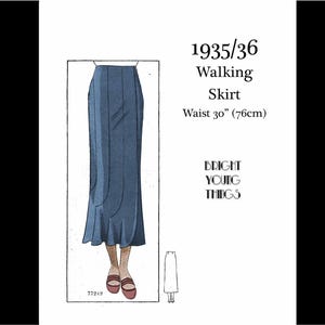 May include: A blue walking skirt illustration from 1935/36 with a 30 inch waist. The design features a long, flared silhouette with vertical seam detailing. The text reads 1935/36 Walking Skirt, Waist 30 inches, and BRIGHT YOUNG THINGS.