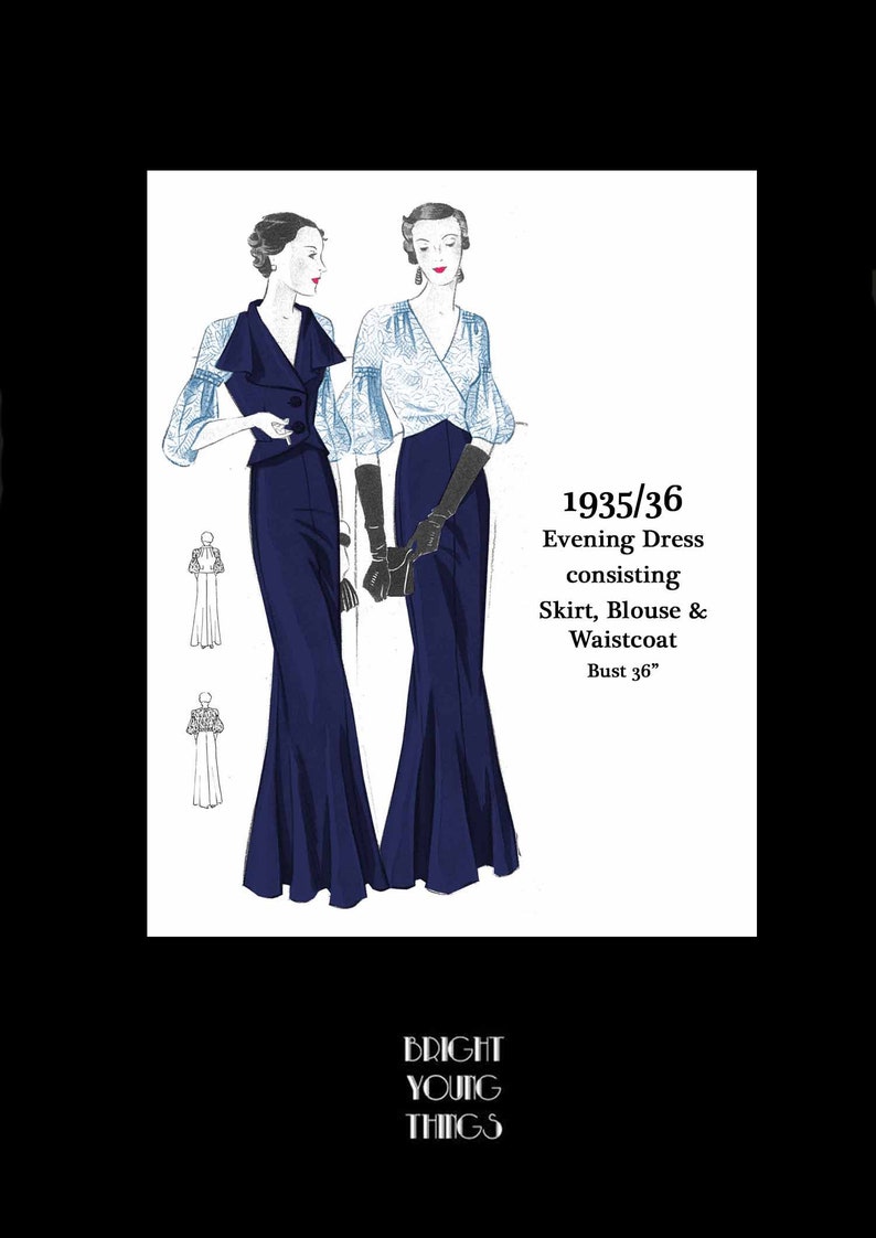 1930s House Dresses, Fabrics, Sewing Patterns     1930s 30s Vintage Sewing Pattern Art Deco Evening Dress Blouse Skirt Waistcoast Silk Lace Velvet Bust 36 PDF INSTANT DOWNLOAD  AT vintagedancer.com