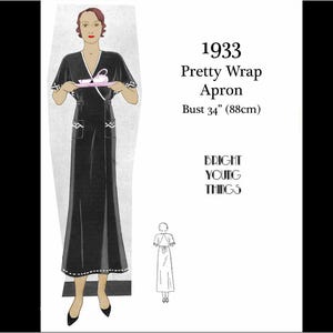 May include: A black wrap apron with white trim, short sleeves, and two front pockets. Text reads: 1933 Pretty Wrap Apron, Bust 34 inches, and BRIGHT YOUNG THINGS. A small line drawing shows the back view of the apron with a tie closure at the waist.