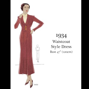 Può includere: Illustrazione di un abito stile gilet del 1934 con una misura del busto di 120 cm. L'abito è di colore marrone rossiccio con giacca e pantaloni abbinati. La giacca ha bottoni dorati e una camicia con colletto color crema sotto.
