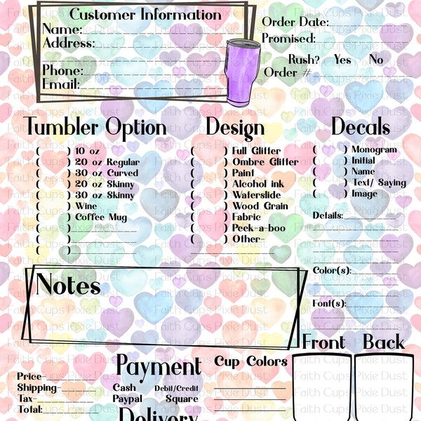NEW!!! Watercolor Hearts Order Form PDF and JPG- +Matching care cards