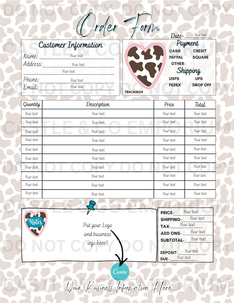 Western Cow Print GENERAL Order Form- Sweet and Sassy! PNG and Editable ...