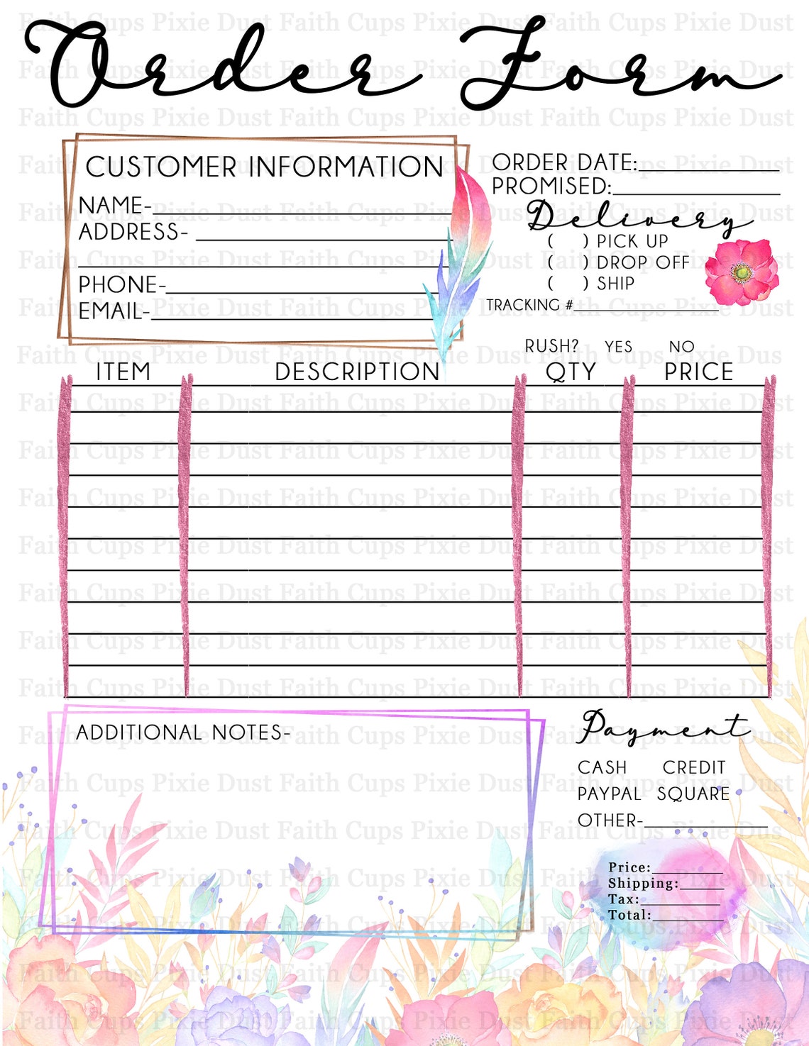 Decorative Order Form Floral General Order Form - Etsy