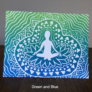 Block Print Meditatie Card - Lege kaart - Bedankt kaart - wenskaart - groen en blauw