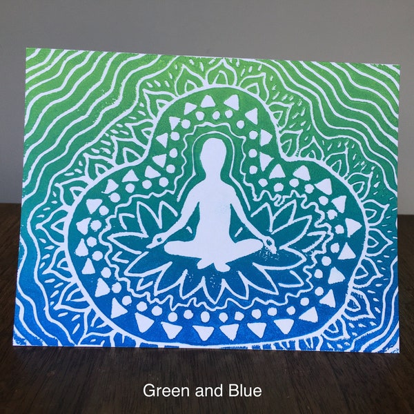 Block Print Meditation Card - Blank Card - Thank You Card - Greeting Card - Green and Blue