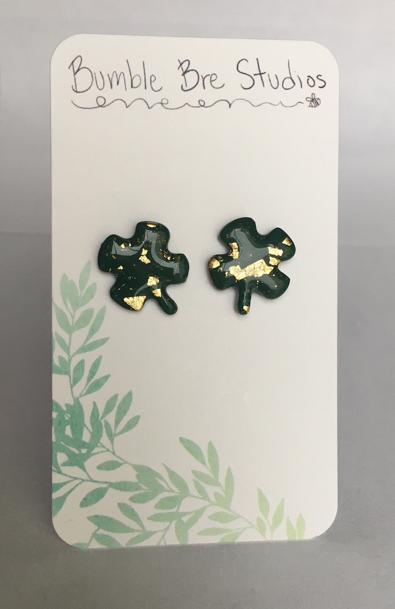 Handmade Polymer Clay Green and Gold Four Leaf Clover Earrings Hypoallergenic Titanium Stud Gold Leaf