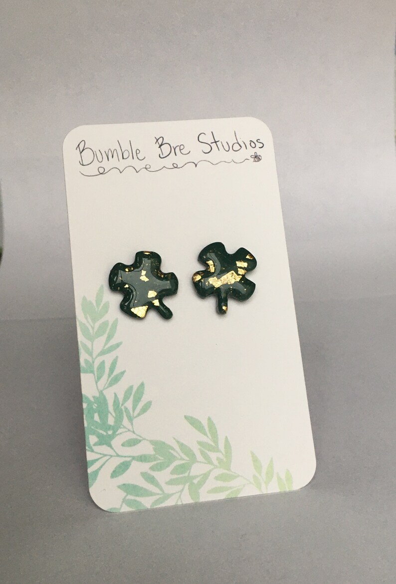 Handmade Polymer Clay Green and Gold Four Leaf Clover Earrings Hypoallergenic Titanium Stud Gold Leaf