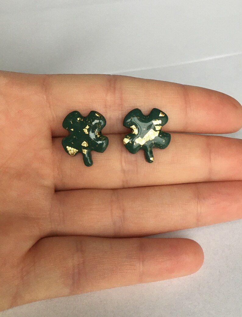 Handmade Polymer Clay Green and Gold Four Leaf Clover Earrings Hypoallergenic Titanium Stud Gold Leaf