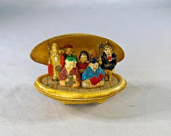 Vintage Japanese Seven Lucky Gods Clam Shell Diorama, Hand-Painted Resin
