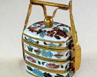 Vintage Cloisonne Mini Tiffin Box, Floral Enamel Stacking Container, Chinese Decorative Miniature Collectible
