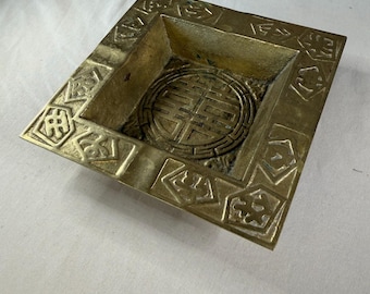 Vintage Brass Chinese Shou Longevity Dish with Auspicious Motifs