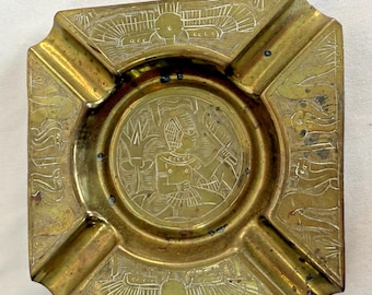 Vintage Brass Ashtray, Egyptian Revival Etching, Mid Century Decor
