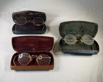 Antique Spectacles Trio, Victorian Eyeglasses with Cases, Optometry Decor