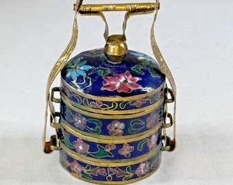 Vintage Cloisonne Mini Tiffin Box, Blue Floral Enamel Stacking Container