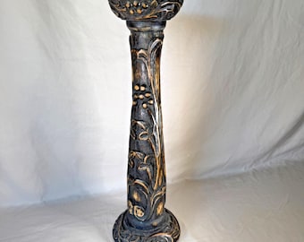 Vintage Carved Wood Candle Pedestal, Rustic Botanical Decor