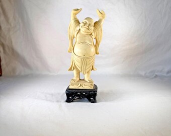 Vintage Resin Laughing Buddha Hotei Statue with Black Display Stand