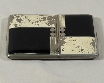 Vintage Richard Hudnut Art Deco Compact Cigarette Case Combo 1930s Black White Enamel Vanity