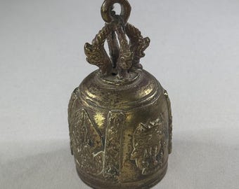 Vintage Bronze Buddhist Bell, Elephant & Deity Motifs, Meditation Decor