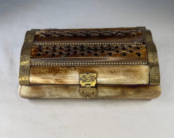 Vintage Bone Trinket Box with Brass Accents, Pierced Carved Lid, and Purple Velvet Lining