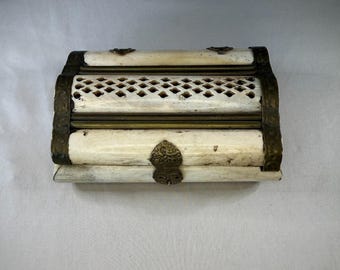 Vintage Bone and Brass Jewelry Box, Pierced Lid, Velvet Lined