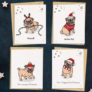 Lot de 4 cartes de Noël carlin | Cartes de voeux mignonnes de vacances | Carlin amoureux des animaux, maman et papa Noël | Lot de 4 | Emballage multiple | cadeau pour amoureux des chiens