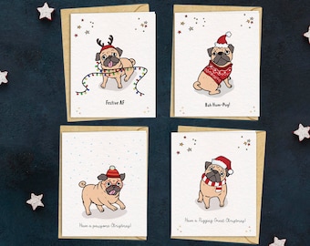 Pacote de Cartões de Natal com Pugs | Cartões de Natal Divertidos, Presente para Amantes de Cães, Conjunto com 4
