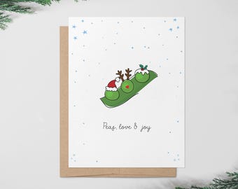 Peas Love and Joy Funny Pun Christmas Card, Holiday Card