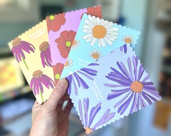 Set med blommiga födelsedagskort, handgjorda blommiga gratulationskort, vågig kant (4-pack)
