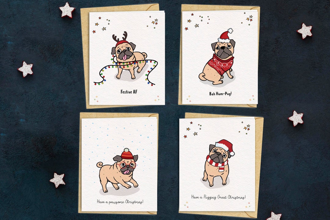 4 Pack Pug Christmas Cards Cute Holiday Greeting Cards Animal Lovers ...
