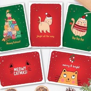 Paquet de 5 cartes de Noël chat | Cartes de voeux drôles de vacances | Amoureux des chats, maman, papa, chat | Lot de 5 emballages multiples | Lot de cartes cadeau parfait pour les amoureux des chats