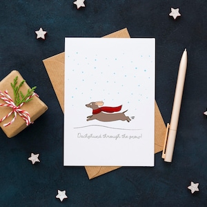 Teckel dans la neige | Cartes de voeux mignonnes de vacances | Weiner Saucisse Chien Maman Papa Noël | Adorable carte pour chien | Cartes de chien mignon