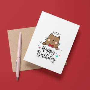 carte d'anniversaire chat ange | Carte de voeux d'anniversaire simple, mignonne et drôle | Amoureux des chats, maman, papa, chat | Lot de 5 disponibles | Gros chat