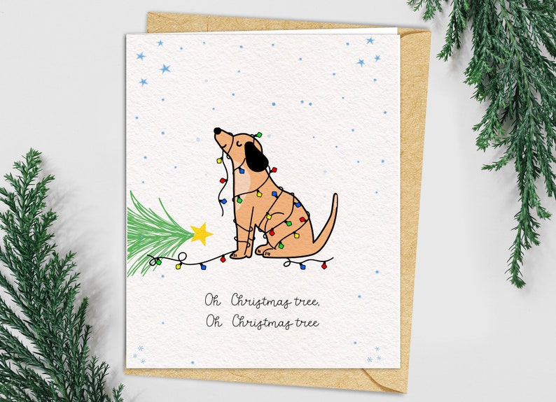 Perro divertido / Tarjetas de felicitación navideñas para mascotas lindas / Amante de los animales Perro Mamá Papá Árbol de Navidad / Tarjeta de perrito adorable / Tarjetas de perro lindo imagen 1