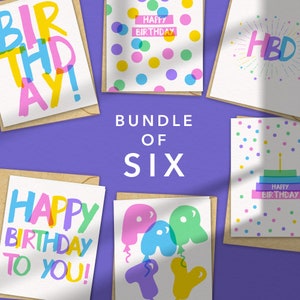 Lot de 6 cartes d'anniversaire colorées | Risographe | Emballage multiple | Blanc à l'intérieur | Jeu de cartes de voeux lumineuses et amusantes pour enfants, adultes, amis, famille